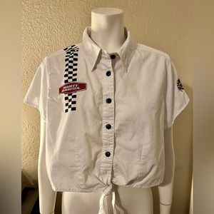Harley Davidson Women’s White Crop Top Button Up Collar & Tied Bottom size XL